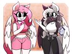  2022 anthro black_body black_fur bottomwear cellphone clothed clothing duo equid equine feathered_wings feathers female fur grey_hair hair hasbro hi_res horse hotpants mammal my_little_pony navel nelljoestar pants pegasus phone pink_hair pony shorts smile sweater topwear white_body white_fur wings 