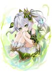  1girl bangs bare_shoulders barefoot blush bug butterfly butterfly_wings commentary_request covering_mouth dress flower flower-shaped_pupils flying gem genshin_impact gotou_(nekocat) green_dress green_eyes green_flower green_gemstone grey_hair grey_shorts hair_between_eyes hair_ornament hands_on_own_knees hands_up highres jewelry leaf looking_at_viewer magic nahida_(genshin_impact) off-shoulder_dress off_shoulder pointy_ears ponytail short_sleeves shorts simple_background solo symbol-shaped_pupils white_background wings 
