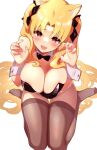  1girl animal_ears bangs bare_shoulders black_leotard blonde_hair blush breasts cat_ears cleavage detached_collar ereshkigal_(fate) fate/grand_order fate_(series) highres large_breasts leotard long_hair looking_at_viewer murio open_mouth pantyhose red_eyes smile solo thighs wrist_cuffs 