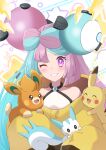  aqua_hair bow-shaped_hair character_hair_ornament hair_ornament haru_(haruxxe) highres iono_(pokemon) jacket multicolored_hair oversized_clothes pachirisu pikachu pink_eyes pink_hair pokemon pokemon_(creature) pokemon_(game) pokemon_sv shirt sleeveless sleeveless_shirt sleeves_past_wrists teeth yellow_jacket 