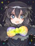  1girl animal_costume bird_girl black_cloak black_dress black_hair black_headwear blue_eyes bow bowtie cloak dress hat kanmoku-san kemono_friends looking_at_viewer open_mouth short_hair simple_background sky smile solo standing star_(sky) starry_sky western_parotia_(kemono_friends) 