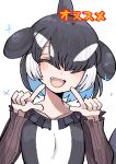  1girl absurdres bangs black_hair blowhole blue_hair cetacean_tail closed_eyes collarbone collared_dress dolphin_girl dorsal_fin dress facing_viewer fang hair_over_one_eye hands_up head_fins highres index_finger_raised kanmoku-san kemono_friends long_bangs long_sleeves medium_hair multicolored_hair open_mouth orca_(kemono_friends) parted_bangs simple_background smile solo sparkle tail upper_body white_background white_hair 