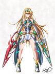  1girl absurdres aegis_sword_(xenoblade) bangs bare_legs bare_shoulders blonde_hair breasts chest_jewel cleavage cleavage_cutout clothing_cutout dress dual_wielding earrings elbow_gloves gem gloves headpiece highres holding jewelry large_breasts legs long_hair mythra_(xenoblade) short_dress sofusan1526 solo swept_bangs thigh_strap tiara very_long_hair white_dress white_footwear white_gloves xenoblade_chronicles_(series) xenoblade_chronicles_2 yellow_eyes 
