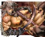  1girl animal_skull biceps bra breasts chain dual_wielding gauntlets grey_hair holding holding_sword holding_weapon huge_breasts lipstick long_hair looking_at_viewer lying makeup muscular muscular_female original pink_eyes skull_on_head smile solo sword tattoo thick_thighs thighs underwear weapon zunta 