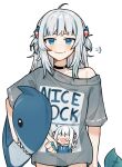  1girl =3 absurdres ahoge bangs black_choker blue_eyes blue_hair blunt_bangs blush choker clothes_writing emne english_text fish_bone fish_tail gawr_gura grey_hair grey_shirt hair_ornament highres holding holding_stuffed_toy hololive hololive_english looking_at_viewer medium_hair meme multicolored_hair nice_cock_(meme) off_shoulder oversized_clothes shark_girl shark_hair_ornament shark_tail shirt simple_background single_bare_shoulder smile solo straight-on streaked_hair stuffed_animal stuffed_shark stuffed_toy t-shirt tail thumbs_up two-tone_hair two_side_up virtual_youtuber white_background 