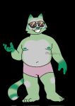  4_fingers 4_toes anthro bent_arm bottomwear clothing digital_media_(artwork) english_text eyewear feet fingers fred_(fredrick_brennan) front_view fur green_body green_fur hi_res male mammal navel nipples pocketfurry procyonid raccoon shorts slightly_chubby smile smiling_at_viewer solo standing sunglasses text toes 