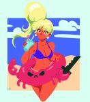  1girl :&lt; bangs bikini blonde_hair blue_bikini blue_sky blunt_bangs blush_stickers border breasts brown_eyes cleavage cocktail cocktail_glass crab cropped_legs cup david_liu drinking_glass earrings english_commentary flat_color full_body going_under high_ponytail highres innertube jackie_fiasco jewelry knife medium_breasts multicolored_bikini multicolored_clothes narrow_waist navel outside_border pink_bikini promotional_art sand sky solo standing surprised swimsuit white_border wide-eyed wide_hips 