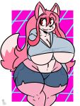 2022 anthro big_breasts bottomwear brand_new_animal breasts canid canine cleavage clothed clothing curvy_figure digital_media_(artwork) female fox fur hair hi_res hoodie kingretrokirby looking_at_viewer mammal midriff multicolored_body multicolored_fur nazuna_hiwatashi pink_body pink_fur pink_hair red_eyes shorts small_clothing solo studio_trigger thick_thighs topwear two_tone_body two_tone_fur under_boob voluptuous wide_hips 
