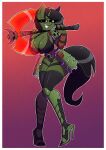  2021 anthro armor axe big_breasts black_hair boots breasts cleavage clothed clothing doom_(series) equid equine female footwear fur green_body green_fur hair hasbro hi_res high_heeled_boots high_heels horn horse id_software legwear long_tail looking_at_viewer mammal melee_weapon my_little_pony nelljoestar pony solo thick_thighs underwear uniform video_games weapon weapon_on_shoulder wide_hips 