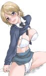  1girl between_breasts blonde_hair blue_eyes blue_skirt blue_sweater blush bra braid breasts collared_shirt darjeeling_(girls_und_panzer) elf_(stroll_in_the_woods) french_braid girls_und_panzer groin_tendon heart highres large_breasts looking_at_viewer navel necktie necktie_between_breasts nose_blush panties school_uniform shirt skirt smile solo split spread_legs st._gloriana&#039;s_school_uniform sweater thighs underwear white_bra white_panties white_shirt 