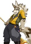  anthro canid canine canis fur green_eyes hi_res huruyoki jackal jewelry lifewonders looking_at_viewer male mammal necklace seth_(tas) smile solo staff striped_body striped_fur stripes tokyo_afterschool_summoners video_games 