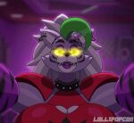  animated animatronic anthro bedroom_eyes big_breasts black_nose blurred_background breasts canid canine canis close-up clothing collar ear_piercing ear_ring eyebrows fangs female first_person_view five_nights_at_freddy&#039;s five_nights_at_freddy&#039;s:_security_breach glowing glowing_eyes green_hair grey_body grey_hair hair half-closed_eyes huge_breasts kissing lips lipstick lollipopcon looking_at_viewer machine makeup mammal narrowed_eyes piercing red_clothing red_shirt red_topwear ring_piercing robot roxanne_wolf_(fnaf) scottgames seductive sharp_teeth shirt solo stripes teeth topwear video_games watermark wolf yellow_eyes yellow_sclera 