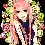  bangs black_background blue_eyes blue_shirt border breasts flower leia_(vocaloid) long_hair looking_at_viewer megurine_luka misora_goto open_mouth petals pink_hair rose shirt sleeveless sleeveless_shirt small_breasts smile song_name upper_body vocaloid 