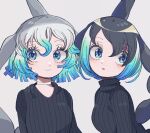  2girls absurdres alternate_costume black_hair black_sweater blonde_hair blowhole blue_eyes blue_hair cetacean_tail choker common_bottlenose_dolphin_(kemono_friends) common_dolphin_(kemono_friends) dolphin_girl dorsal_fin grey_hair hair_between_eyes highres kanmoku-san kemono_friends long_sleeves matching_outfit multicolored_hair multiple_girls short_hair sweater turtleneck turtleneck_sweater v-neck white_choker white_hair 