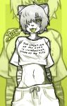  anthro baggy_clothing clothing female fluffy fur fur_markings green_background green_eyes green_tongue hair hi_res markings navel olive_(puppyemonade) piercing puppyemonade shirt short_hair simple_background solo t-shirt text_on_t-shirt tied_string tongue tongue_piercing topwear 