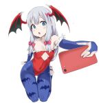  1girl animal_print artist_request bat_print blue_eyes bow cosplay demon_girl demon_wings eromanga_sensei fingerless_gloves gloves hair_bow head_wings highres izumi_sagiri leotard lilith_aensland lilith_aensland_(cosplay) non-web_source parted_lips phone sleeveless solo source_request strapless strapless_leotard transparent_background vampire_(game) white_hair wings 