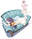  1boy 1girl annoyed bangs barefoot blue_eyes blue_hair brown_eyes brown_hair couch dress frown hair_behind_ear highres jinto lafiel long_hair looking_back lying on_couch on_stomach parted_bangs pillow pink_shirt pointy_ears seikai_no_senki shirt short_hair slippers white_footwear yellow_dress yonemura_kouichirou 