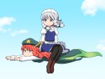  2girls blue_eyes boots flying hat hong_meiling izayoi_sakuya jashin-chan_dropkick lamia maid maid_headdress monster_girl multiple_girls no_mouth orange_hair outstretched_arms pantyhose parody riding ryuusenkei_mayday shirosato sidesaddle sitting sitting_on_person sky touhou 