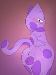  2021 animal_crossing anthro anus backsack balls blush bob_(animal_crossing) butt chunknudies digital_media_(artwork) domestic_cat felid feline felis fur genitals hi_res looking_at_viewer looking_back male mammal nintendo nude purple_body purple_fur solo video_games 