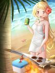  1girl 2_ru absurdres alcohol apron bangs beach beer blonde_hair braid breasts burger can crab food high_ponytail highres holding holding_can holding_spatula large_breasts long_hair magia_record:_mahou_shoujo_madoka_magica_gaiden mahou_shoujo_madoka_magica naked_apron open_mouth palm_tree pink_eyes ponytail sidelocks smile solo spatula sponge starfish swimsuit togame_momoko tree 