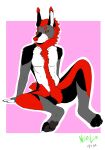  4_toes anthro belly black_sclera canid canine canis ear_tuft feet felid feline female gynomorph hi_res hybrid intersex jett_(neon_lion) lynx mammal neon_lion pubes red_eyes short_tail sitting solo toes trans_(lore) trans_woman_(lore) tuft white_belly wolf 