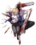  1boy 1girl black_necktie black_pants blonde_hair blood blood_on_clothes blue_jacket breasts chainsaw chainsaw_man collared_shirt ddangbi demon_girl demon_horns denji_(chainsaw_man) facing_viewer floating_hair full_body grin hemokinesis highres horns jacket looking_to_the_side medium_breasts navel necktie pants power_(chainsaw_man) red_horns sharp_teeth shirt shoes simple_background smile sneakers teeth thighs upshirt white_background white_shirt wide_hips yellow_eyes 
