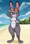  3_toes 4_fingers absurd_res anthro areola artist_name beach black_body black_fur breasts day disney eyewear eyewear_on_head feet female fingers full-length_portrait fur genitals grey_body grey_fur hand_on_hip hi_res judy_hopps lagomorph leporid long_ears looking_at_viewer mammal multicolored_body multicolored_fur navel nipples nude outside pink_areola pink_nipples portrait psakorn_tnoi purple_eyes pussy rabbit seaside solo standing sunglasses sunglasses_on_head thick_thighs toes white_body white_fur wide_hips zootopia 