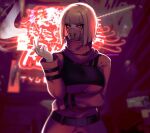  1girl bangs belt belt_buckle black_belt blonde_hair blunt_bangs blurry bob_cut breasts buckle cigarette coat commentary cyberpunk_(series) cyberpunk_edgerunners eyelashes hand_up high_collar highres holding holding_cigarette kiwi_(cyberpunk) large_breasts long_sleeves looking_to_the_side mask mouth_mask nsfwolf red_coat red_eyes short_hair smoking solo twitter_username 