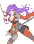  1girl bangs boots breasts choker cleavage cleru_(cleruuuuu) dual_wielding earrings fire_emblem fire_emblem:_three_houses fire_emblem_warriors:_three_hopes hair_bun hair_over_one_eye half-closed_eyes highres holding holding_sword holding_weapon jewelry lips long_hair medium_breasts purple_eyes purple_hair scarf shez_(fire_emblem) shez_(fire_emblem)_(female) smile solo stance stud_earrings sword thighhighs weapon 