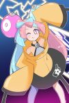  1girl :q aqua_hair arm_up blush character_hair_ornament electricity hair_ornament hand_on_hip highres iono_(pokemon) jacket looking_at_viewer multicolored_hair one_eye_closed oversized_clothes pink_eyes pink_hair pokemon pokemon_(game) pokemon_sv pud+854 solo star_(symbol) tongue tongue_out two-tone_hair yellow_jacket 