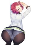 1girl ass back bangs hair_ornament highres looking_at_viewer minase_koito musaigen_no_phantom_world non-web_source pantyhose pink_eyes pink_hair shirt short_hair simple_background skirt skirt_removed solo source_request suzume_inui third-party_edit upper_body white_shirt 