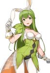  1girl :d animal_ears black_leotard breasts choker collarbone contrapposto cowboy_shot fake_animal_ears fire_emblem fire_emblem:_mystery_of_the_emblem fire_emblem:_shadow_dragon fire_emblem_heroes gloves green_choker green_eyes green_hair highres legs_apart leotard long_hair looking_at_viewer medium_breasts official_alternate_costume open_mouth palla_(fire_emblem) pantyhose playboy_bunny pocklepockle25 rabbit_ears see-through simple_background smile solo standing white_background white_gloves white_pantyhose 