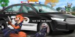  absurd_res angry anthro bottomwear bullet_hole canid canine car city clothing dialogue disney female flirting fox group gun handgun hi_res holding_gun holding_object holding_weapon hoodie judy_hopps lagomorph leporid male mammal nick_wilde outside pandramodo pants pistol plant police police_car police_uniform procyonid rabbit raccoon ranged_weapon shooting sitting_on_ground taking_cover topwear tree trio uniform vehicle weapon yelling zootopia 