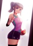  1girl arched_back bangs black_shorts black_sleeves black_thighhighs blue_eyes closed_mouth cowboy_shot detached_sleeves freeinni grey_hair highres long_hair original pink_shirt ponytail shiny shiny_hair shirt short_shorts shorts sidelocks sleeveless sleeveless_shirt smile solo sportswear standing thighhighs v volleyball volleyball_uniform zettai_ryouiki 