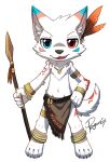  anthro blue_eyes brown_loincloth canid clothed clothing front_view full-length_portrait fur glistening glistening_eyes hand_on_hip head_tuft heterochromia holding_object holding_spear holding_weapon male mammal melee_weapon narrowed_eyes penguinexperience polearm portrait red_eyes signature simple_background solo spear standing topless tuft weapon white_background white_body white_fur 