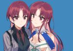  2girls bazett_fraga_mcremitz black_necktie black_vest blue_background breasts brown_eyes brown_hair brown_shirt choker cleavage closed_mouth collared_shirt colored_inner_hair fate/grand_order fate/hollow_ataraxia fate_(series) grey_jacket hair_intakes highres jacket long_hair looking_at_viewer manannan_mac_lir_(fate) medium_breasts mole mole_under_eye multicolored_hair multiple_girls necktie open_clothes open_jacket rizu033 shiny shiny_hair shirt short_hair smile underboob upper_body vest white_choker wing_collar 