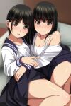  2girls absurdres black_hair black_skirt blurry blurry_background blush breasts brown_eyes cleavage closed_mouth highres long_sleeves looking_at_viewer matsunaga_kouyou multiple_girls original parted_lips school_uniform shirt short_hair sitting skirt small_breasts smile thighs white_shirt 