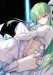  1girl absurdres bangs black_background bow breasts budgiepon c.c. closed_mouth code_geass fate/grand_order fate_(series) green_hair hair_between_eyes hair_bow highres holding holding_weapon long_hair looking_at_viewer meltryllis_(fate) navel shiny shiny_hair sketch sleeves_past_fingers sleeves_past_wrists small_breasts smile solo underboob very_long_hair weapon white_bow yellow_eyes 