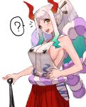  1girl ? bare_arms bare_shoulders breasts club_(weapon) cowboy_shot earrings green_hair grey_hair hair_ornament hair_stick hakama highres horns japanese_clothes jewelry konakuso large_breasts long_hair looking_at_viewer multicolored_hair multicolored_horns nipple_slip nipples one_piece oni orange_horns rope shimenawa sideboob simple_background sketch smile solo spoken_question_mark v-shaped_eyebrows very_long_hair weapon white_background yamato_(one_piece) yellow_eyes 