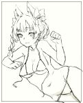  1girl alphie_el animal_ears bow braid breasts cat_ears hair_bow kaenbyou_rin light_smile looking_at_viewer monochrome multiple_tails paw_pose pointy_ears sketch solo swimsuit tail touhou twin_braids undone_bikini 