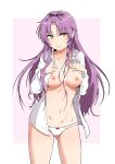  1girl black_ribbon bow bow_panties breasts cleavage eiyuu_densetsu hair_ribbon highres kuro_no_kiseki kyo9999 long_hair looking_at_viewer naked_shirt nipples open_clothes open_shirt panties purple_hair renne_(eiyuu_densetsu) ribbon sen_no_kiseki sen_no_kiseki_iv shirt simple_background smile solo sora_no_kiseki underwear very_long_hair white_panties yellow_eyes 