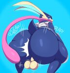  anthro arthurclaws ass_clapping balls big_butt blue_eyes bottomless butt clothed clothing crouching english_text exclamation_point generation_6_pokemon genitals greninja hi_res huge_butt looking_back male nintendo onomatopoeia perineum pokemon pokemon_(species) pupils solo sound_effects text thick_thighs video_games white_pupils 