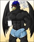  absurd_res anthro avian clothing dialogue erection hi_res koel male muscular muscular_male nipples smile smirk solo underwear vju79 