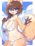  1girl :3 animal_ears animal_hands animal_nose bangs bare_shoulders bikini blue_eyes blue_ribbon blue_sky blurry blurry_background blush body_fur border braid braided_ponytail breasts brown_fur brown_hair claws cloud commentary cowboy_shot day depth_of_field fang fox_ears fox_girl fox_tail front-tie_bikini_top front-tie_top fur_collar furry furry_female hair_between_eyes hair_over_shoulder hair_ribbon hands_up happy highres large_breasts long_hair looking_at_viewer navel open_mouth original outdoors outline outside_border pawpads ribbon ribbon_braid sami_(yaonga797) shiny shiny_hair shiny_skin side-tie_bikini_bottom sidelocks single_braid sky smile solo spread_fingers standing stomach string_bikini striped striped_bikini swimsuit tail tail_raised tongue waving wet white_bikini white_border white_fur white_outline wide_hips yellow_fur 