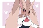  1girl :3 animal_ears animal_nose black_sclera black_skirt blush body_fur border breasts brown_fur closed_mouth clothed_pokemon collared_shirt colored_sclera commentary flat_color furry furry_female hand_up happy high-waist_skirt highres kiki_(kiki1041101) looking_at_viewer lopunny medium_breasts neckerchief outside_border pink_background pokemon pokemon_(creature) rabbit_ears rabbit_girl red_eyes red_neckerchief shirt skirt smile solo sparkle standing two-tone_fur upper_body white_border white_shirt 