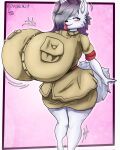  anthro big_breasts blush bottomwear breasts canid canine canis clothing female hair hair_over_eye hi_res huge_breasts hyper hyper_breasts lollong mammal one_eye_obstructed skirt solo volkokot wolf 