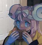  1girl biting burger character_hair_ornament door eating food hair_ornament holding holding_food indoors iono_(pokemon) jacket jerma985 malan photo-referenced photo_background pink_eyes pink_hair pokemon pokemon_(game) pokemon_sv solo upper_body yellow_jacket 