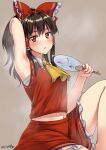  1girl armpits artist_name bow brown_hair expressionless fanning_self hair_bow hair_ornament hakurei_reimu hand_fan highres japanese_clothes looking_at_viewer miko monrooru red_eyes red_skirt skirt solo steaming_body stomach sweat thighs touhou 