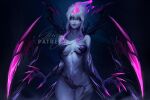  1girl artist_name bikini demon_girl english_commentary evelynn_(league_of_legends) highres league_of_legends no_panties panties purple_bikini purple_panties simple_background sleinyeswownc smile solo swimsuit underwear white_hair yellow_eyes 