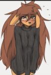  2022 anthro apogee_(tinygaypirate) black_bar black_nose blush breasts brown_body brown_eyes brown_fur brown_hair canid canine canis clothing cowlick domestic_dog ear_piercing emanata embarrassed eyebrow_through_hair eyebrows eyelashes facial_markings facial_piercing female floppy_ears fur furgonomics furry-specific_piercing grey_background hair head_markings long_hair looking_at_viewer mammal markings messy_hair mottled mottled_nose muzzle_piercing nose_piercing piercing pink_nose simple_background slim solo spitz standing sweater tinygaypirate topwear translucent translucent_hair turtleneck 